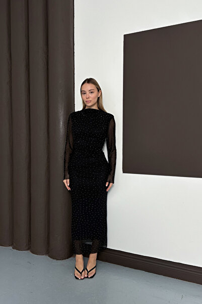 Sorridi Taşlı Bisiklet Yaka Tül Drapeli Uzun Elbise