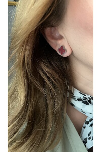 stainles steel Yonca silver bordo renkli çivi küpe