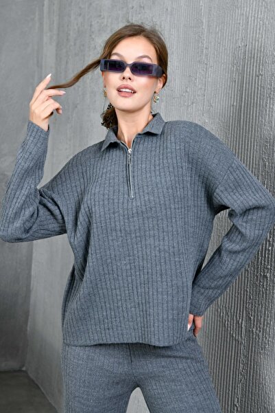 Noi Belis Basic Wick Knit Detailed Half Zipper Knitwear Bottom-Top Set Aw25Au0045