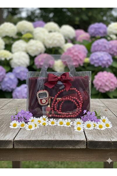 lifestyling Transparent Box Scarf Prayer Beads Stone Zikirmatik Set Gift Mevlüt Hajj Umrah Gift