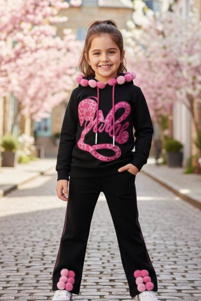 ELAFOR Girl's Printed and Pompom Tracksuit Set