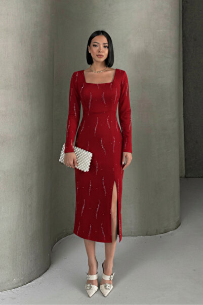 ALFUDO Moda Collection Long Sleeve Midi Length Front Slit Stone Print Fabric Graduation Evening Dress