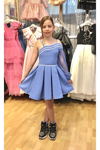 Erkut Rochie scurtă de seară pentru fetiță din țesătură creponată de culoare indigo