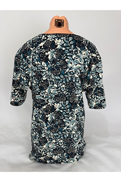 YAŞAR TRİKO Women's Green U-Neck Short Sleeve Floral Pattern Slit Woven Viscose Mother Combed Cotton T-Shirt