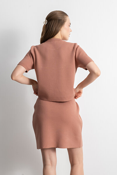 Shophia Gold Buttoned Knitwear Skirt Blouse Set