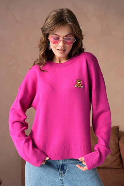 Noi Belis Oversized Teddy Bear Basic Crew Neck Soft Textured Knit Sweater Aw25Kz0105