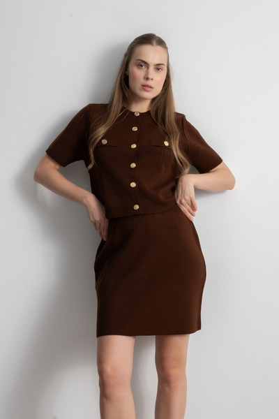 Shophia Gold Buttoned Knitwear Skirt Blouse Set