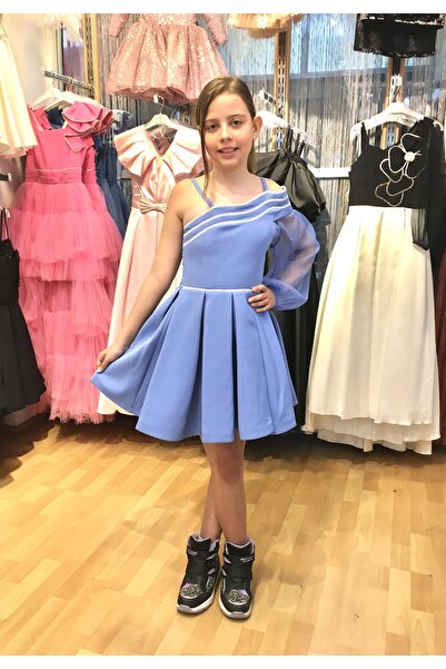 Erkut Rochie scurtă de seară pentru fetiță din țesătură creponată de culoare indigo