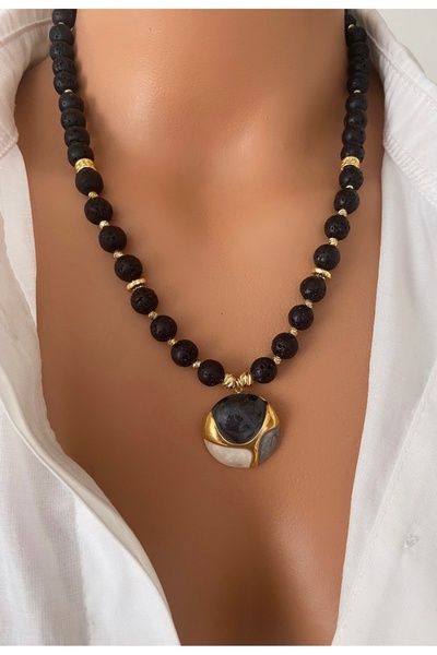 TARZ-I TAKI Natural Stone Black Lava Stone Special Non-Tarnish Steel Pendant Mother Women Lover Special Day Gift