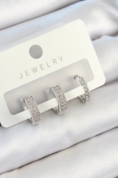 Hsc bilişim طقم أقراط نسائية مكون من 3 قطع من حجر الزركون النحاسي بلون فضي