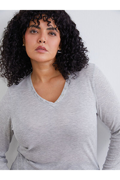 LC Waikiki Gray Plus Size V-Neck Women's Bodysuit
