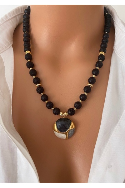 TARZ-I TAKI Natural Stone Black Lava Stone Special Non-Tarnish Steel Pendant Mother Women Lover Special Day Gift