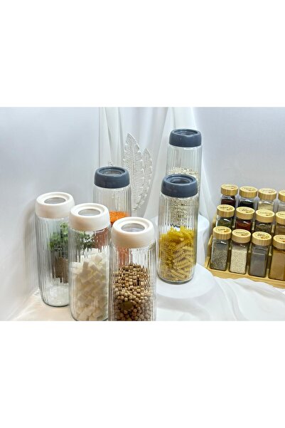 aden glass Antrasit ve Beyaz Conta Kapaklı Çizgili Uzun 1500 Ml Cam Kavanoz B...