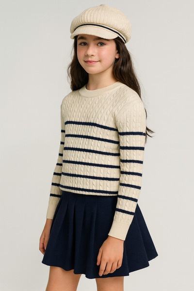 CLOUDY WEAR&DESİGN Girl's Crew Neck Striped Hair Knit Sweater (5-14 Years)