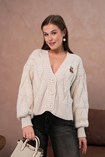 Noi Belis Oversized Hair Knit Textured Teddy Bear Buttoned Knitwear Cardigan Aw25Hi0067