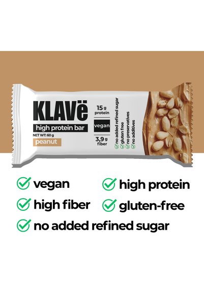 KLAVë High Protein Bar Peanut - 60 g X 3 Pieces - 15g Protein, Vegan and Gluten-Free