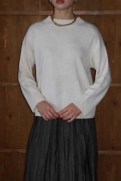 ilmek 25033 Women's Corded Fabric Knitted Detailed Short Sweater Ecru