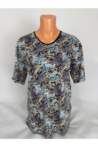 YAŞAR TRİKO Women's Multi-Colored U-Neck Short Sleeve Patterned Slit Woven Viscose Mother Combed Cotton T-Shirt