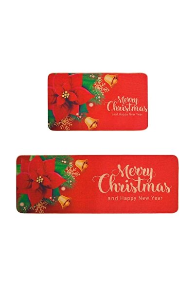 OEM Set of 2 Christmas Kitchen Rugs, Red, 16x24in + 16x48in, with Non-Slip Backing