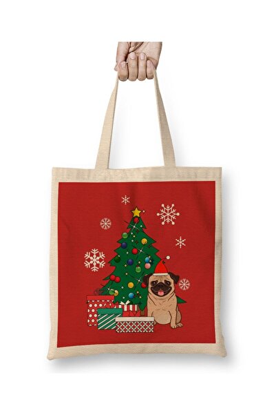 Toyaso Pug Around the Christmas Tree Dog Dog White Tote Bag Long Handle Shopping Bag