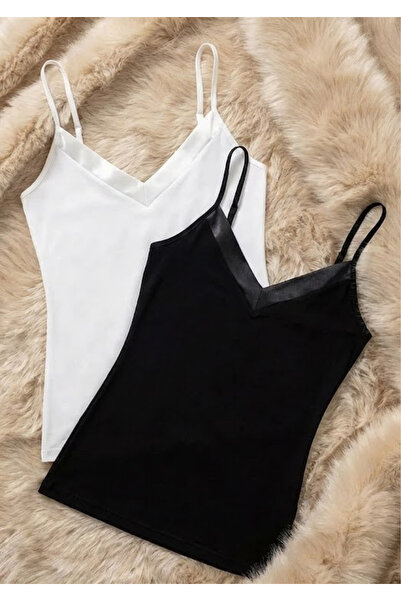 Loule Women's 2-Pack Satin Detailed Tank Top with String Straps - Non-Sweat & Soft Textured Stretchy Fabric