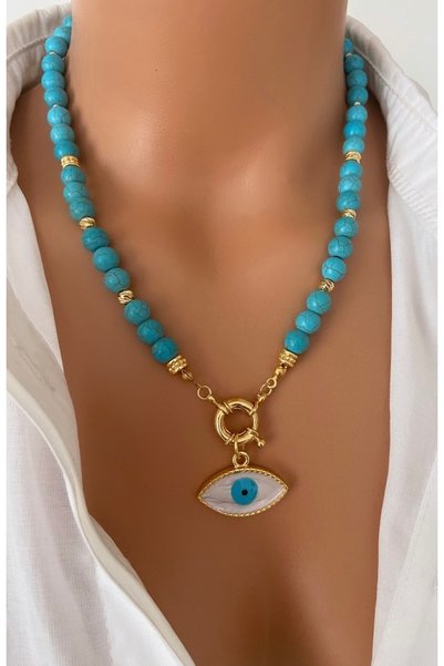 TARZ-I TAKI Natural Stone Blue Turquoise Stone Gold Plated Eye Pendant Mother's Lover Special Day Gift in Gift Box