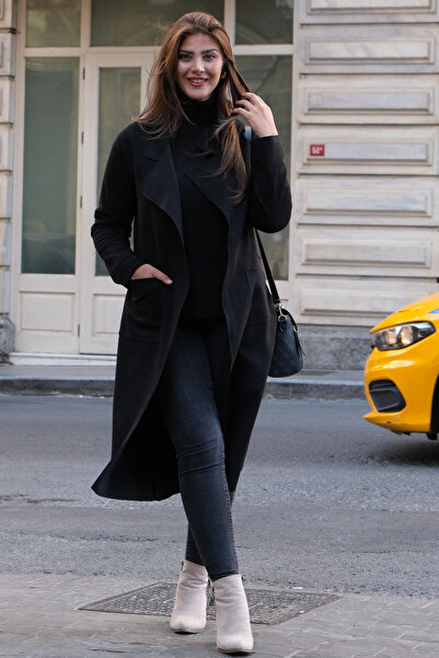 NURVELA Kadın Siyah Uzun Süvet Ceket – Salaş Kesim, Sade Mevsimlik Dış Giyim