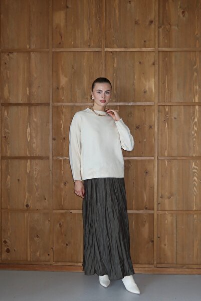 ilmek 25033 Women's Corded Fabric Knitted Detailed Short Sweater Ecru