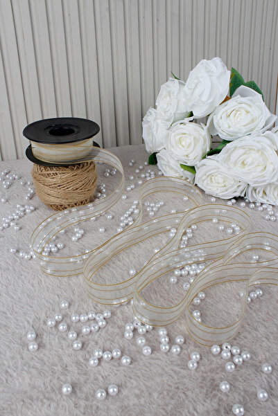 Mortex Gold Hilton Striped Chiffon Ribbon 2.5 cm 20 Mt-Bridal, Wedding, Engagement, Dowry, Gift, Decoration, Party