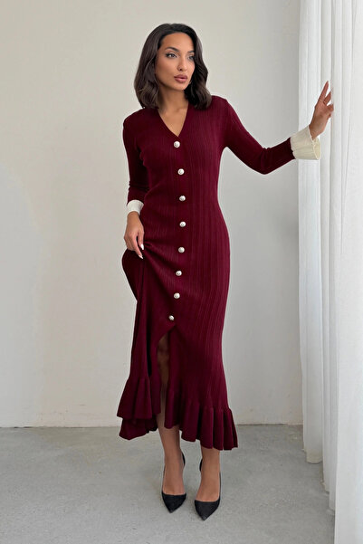 Lusin Women's Burgundy Stylish Ankle Length Sleeve Buttoned Long Knit Dress