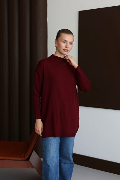 ilmek 22177 Kadın Rahat Kalıp İnce Triko Basic Kazak Bordo