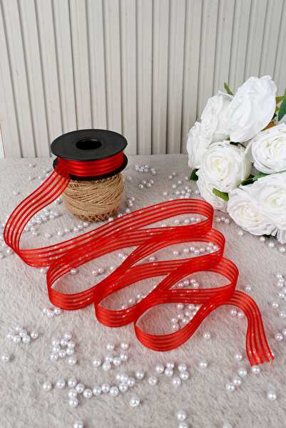 Mortex Red Hilton Striped Chiffon Ribbon 2.5 cm 20 Mt-Bohça,Wedding,Engagement,Dowry,Gift,Decoration,Party