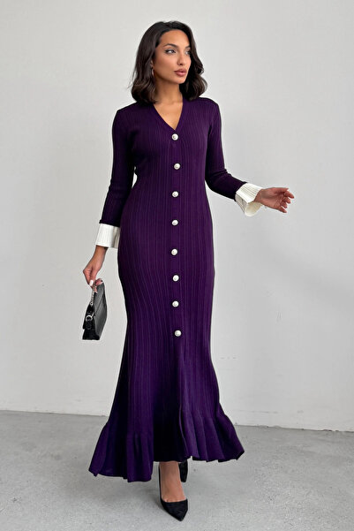 Lusin Women's Purple Stylish Ankle Length Sleeve Buttoned Long Knit Dress