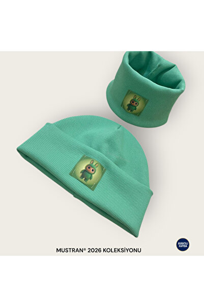 Mustran Labubu 4-12 Years Old Children's 2-Piece Beret Neck Collar Set 95% Cotton Handmade |   Double Layer 4 Layer Ear Gift