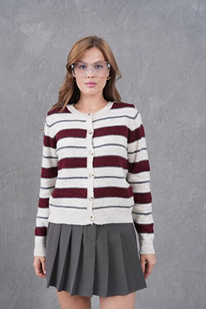 Noi Belis Striped Soft Textured Knitwear Cardigan Aw25Hi0068