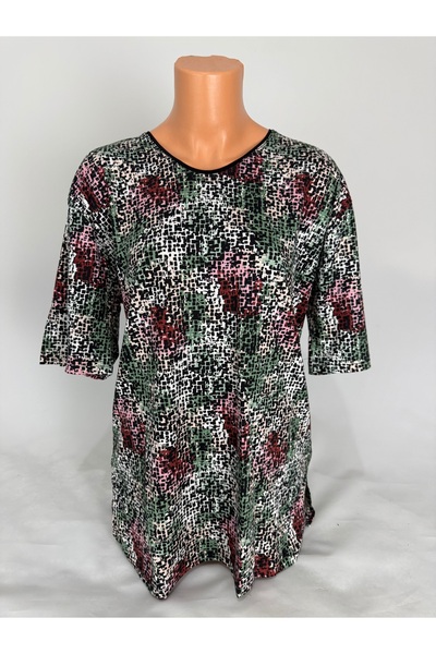 YAŞAR TRİKO Women's Multi-Colored U-Neck Short Sleeve Patterned Slit Woven Viscose Mother Combed Cotton T-Shirt