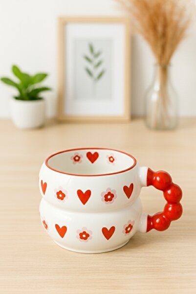 İZart Bead Handle Special Design Ceramic Mug with Heart and Daisy Inside, Completely Handmade