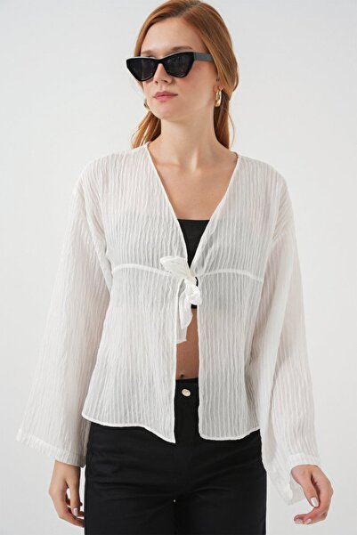 Moda Ebrar Bluză cu șireturi în față 952 - Albă