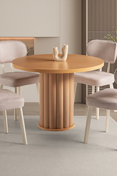 Liya Sare Yemek Masası Ahşap Salon Yemek Masası Bohem Mutfak Yuvarlak 4 Kişilik Beyaz 100 Cm Çap Kayın