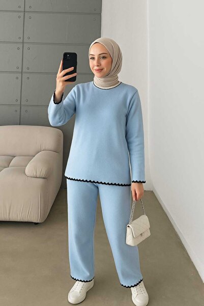 MAY MARA Women's 2-Piece Tricot Suit with Bluzlu Pantalon (Tri-Cloth Pants) with Cowboy Stitch Detail on the Neck and Sleeves