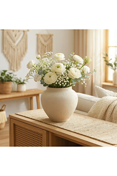 Lui Tasarım Nordic Style Decorative Textured Modern Stylish Ceramic Beige Color Pera Vase 20 cm