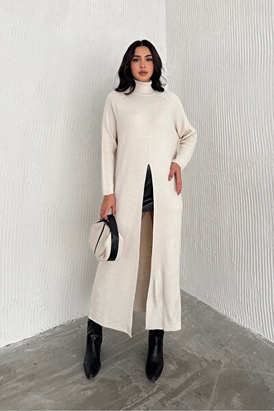 Noi Belis Maxiboy Turtleneck Slit Detailed Knitwear Dress Aw25El0025