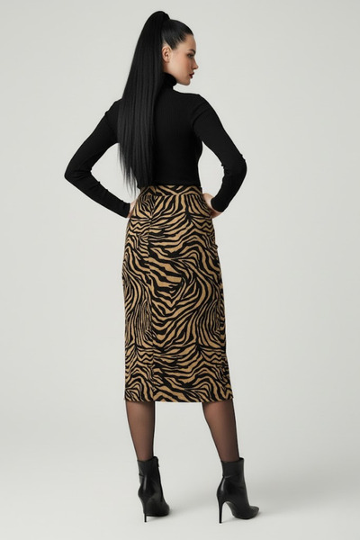buğrahayalin Women's Slit Brown Zebra Pattern Midi Length Skirt