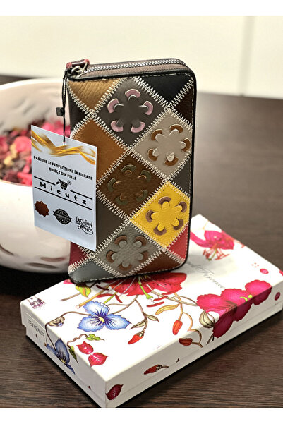 Micutz Women's Wallet With Many Compartments Long Made of Genuine Leather, Multicolor, Applied Flowers, 19x10x3 cm