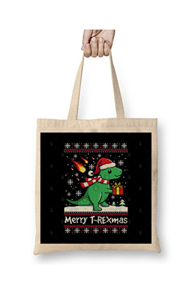 Toyaso Merry t Rex Christmas Knit Christmas White Tote Bag Long Handle Shopping Bag