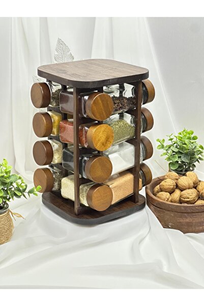 aden glass 16' Lı Cam Baharatlık Seti Akasya Stantlı 360 Derece Döner Kapaklı...