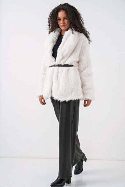 ALPACO Palton cu blană supradimensionat cu centură 9156 - alb