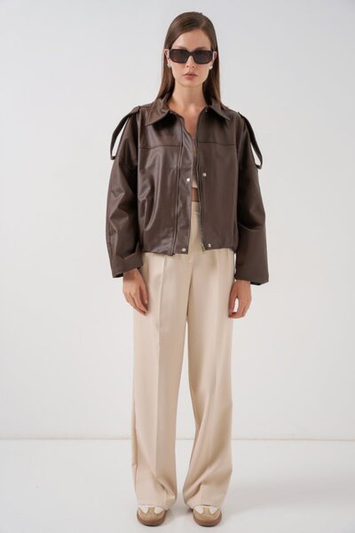 Moda Ebrar supradimensionat Jachetă din piele 1055 - Maro