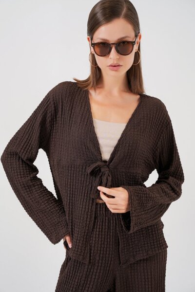 Moda Ebrar din material subțire Seturi duble bluză și pantaloni 30052 - maro