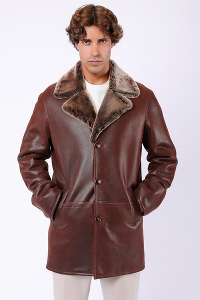 Leather Club Kahve Crack Kürk İçlikli Hakiki Deri Kaban